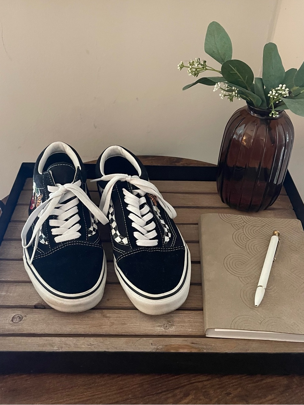 Vans Black and White Old Skool Sneakers with Checker Trim and Floral Accent